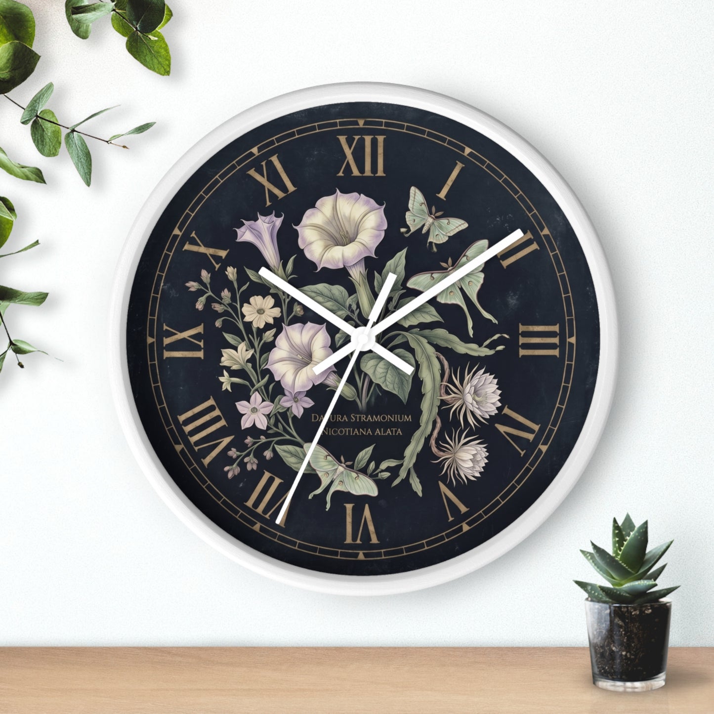 Datura Stramonium Illustration  Wall Clock | Vintage Botanical Floral, Roman Numerals, Dark Background
