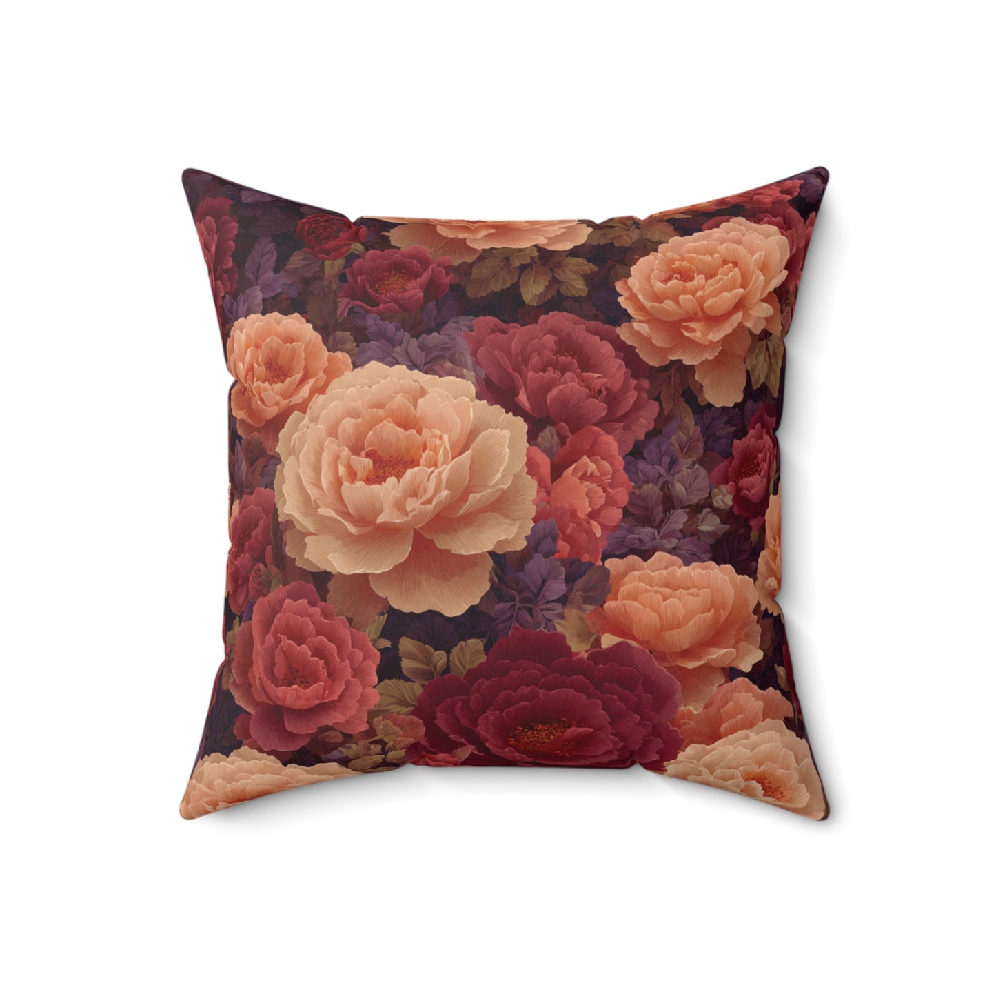 Vintage Rose Floral Pillow | Dark Burgundy Peach Garden Cushion