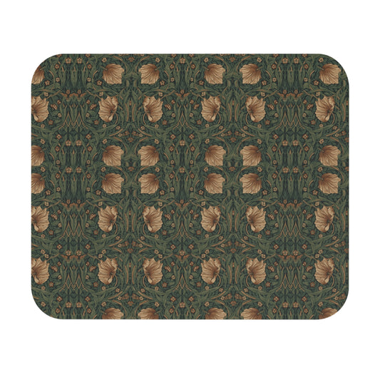 Vintage Floral Pattern Mouse Pad | Botanical Green Poppy Design