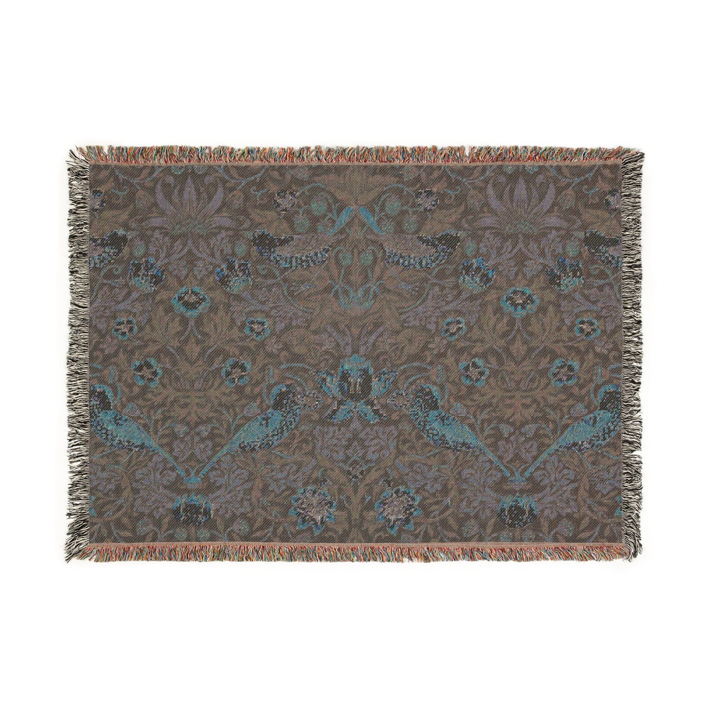 William Morris Style Bird and Floral Woven Blanket | Tapestry Throw