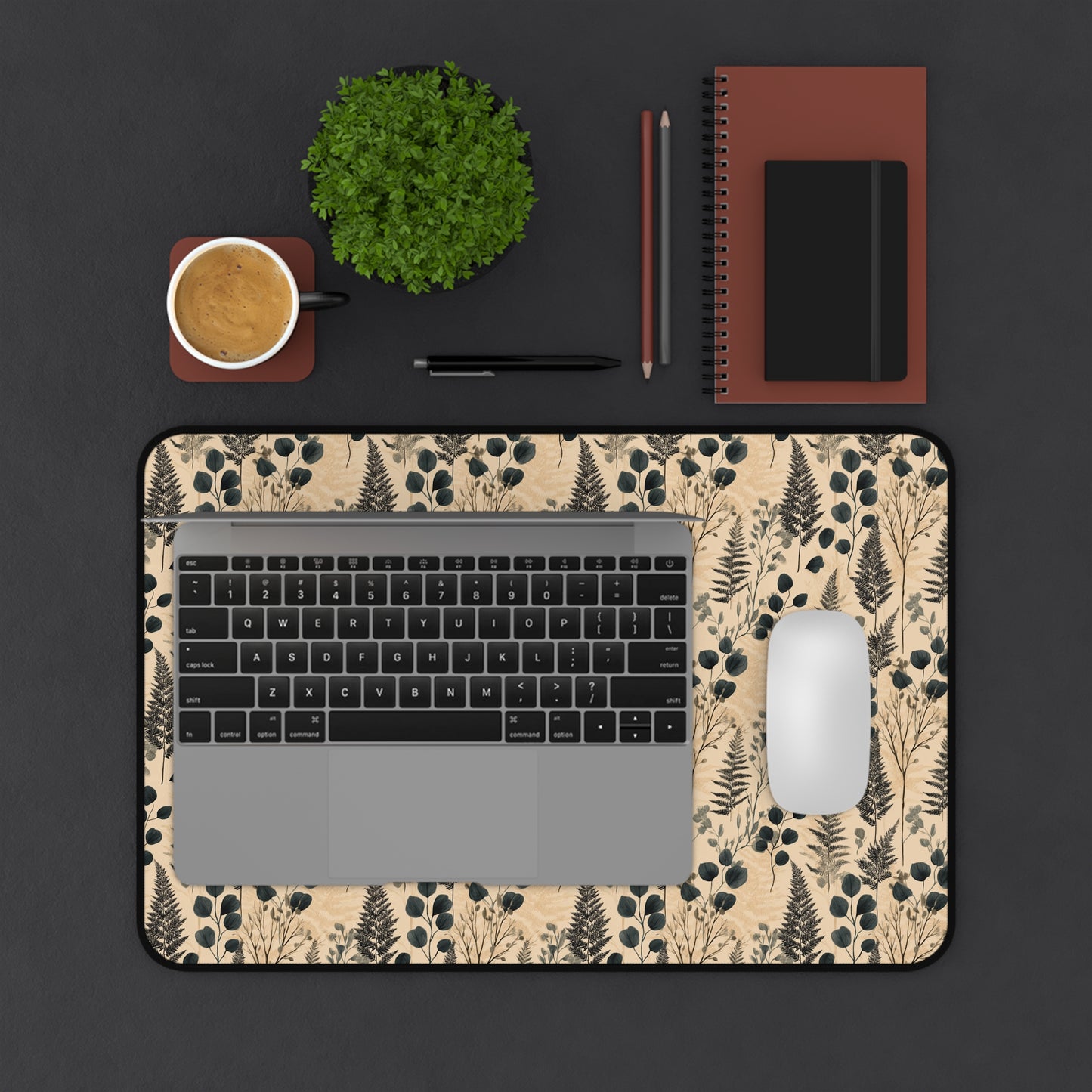 Botanical Fern and Berries Desk Mat | Neutral Floral Pattern