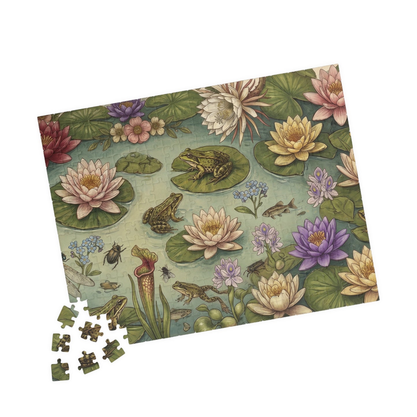 Frogs and Waterlilies Puzzle 110, 252, 520, 1014-piece | Botanical Pond Jigsaw