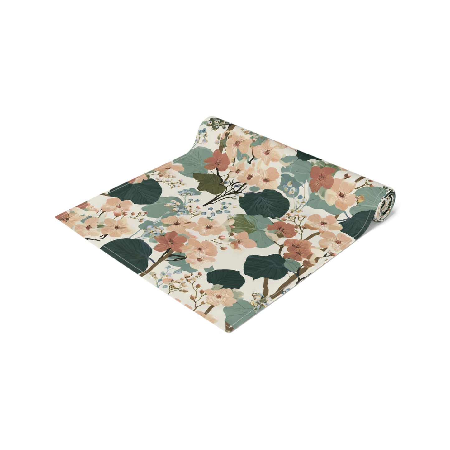 Vintage Floral Pattern Table Runner | Green Peach Cotton-Poly Blend