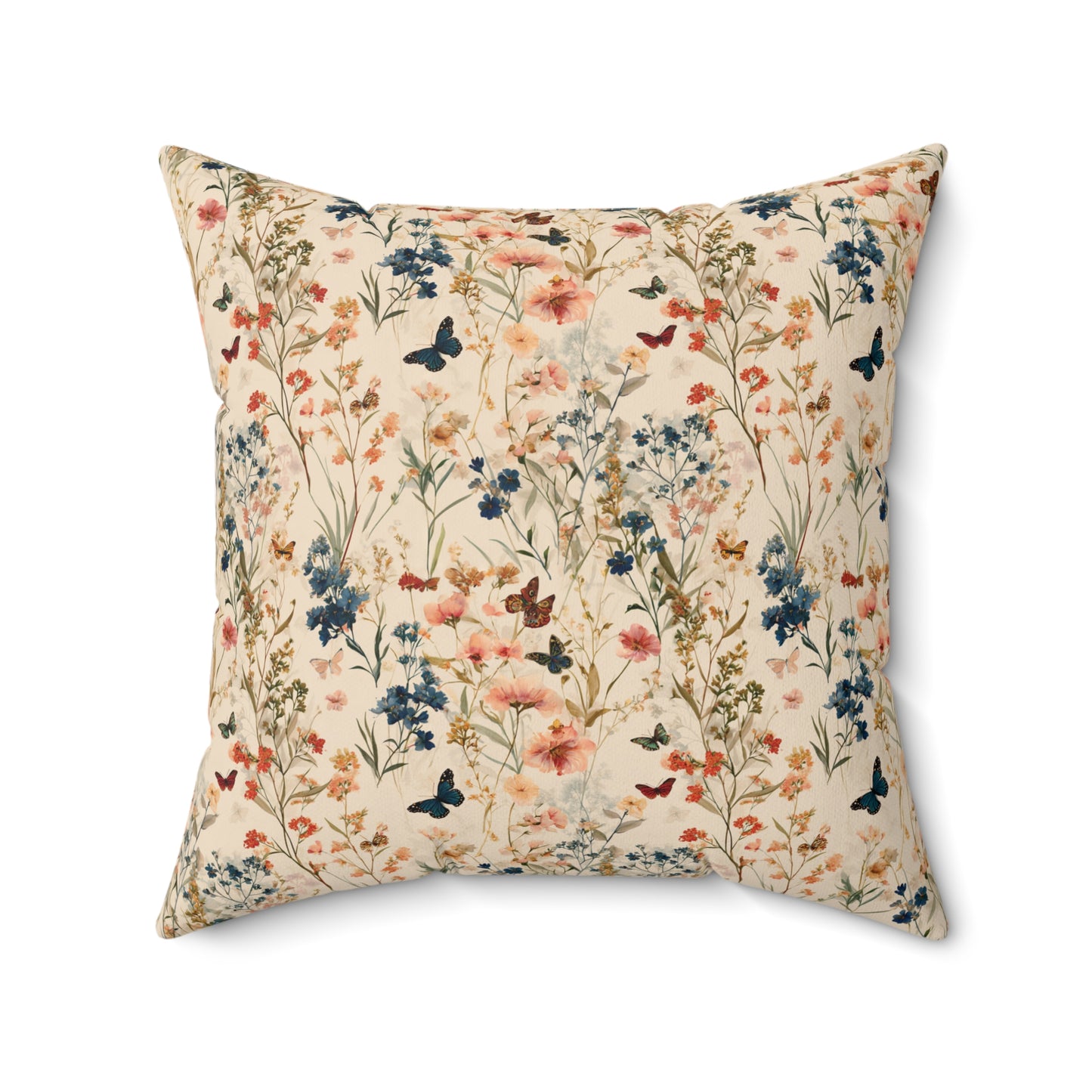 Vintage Wildflower and Butterfly Spun Polyester Square Pillow | Floral Throw Cushion