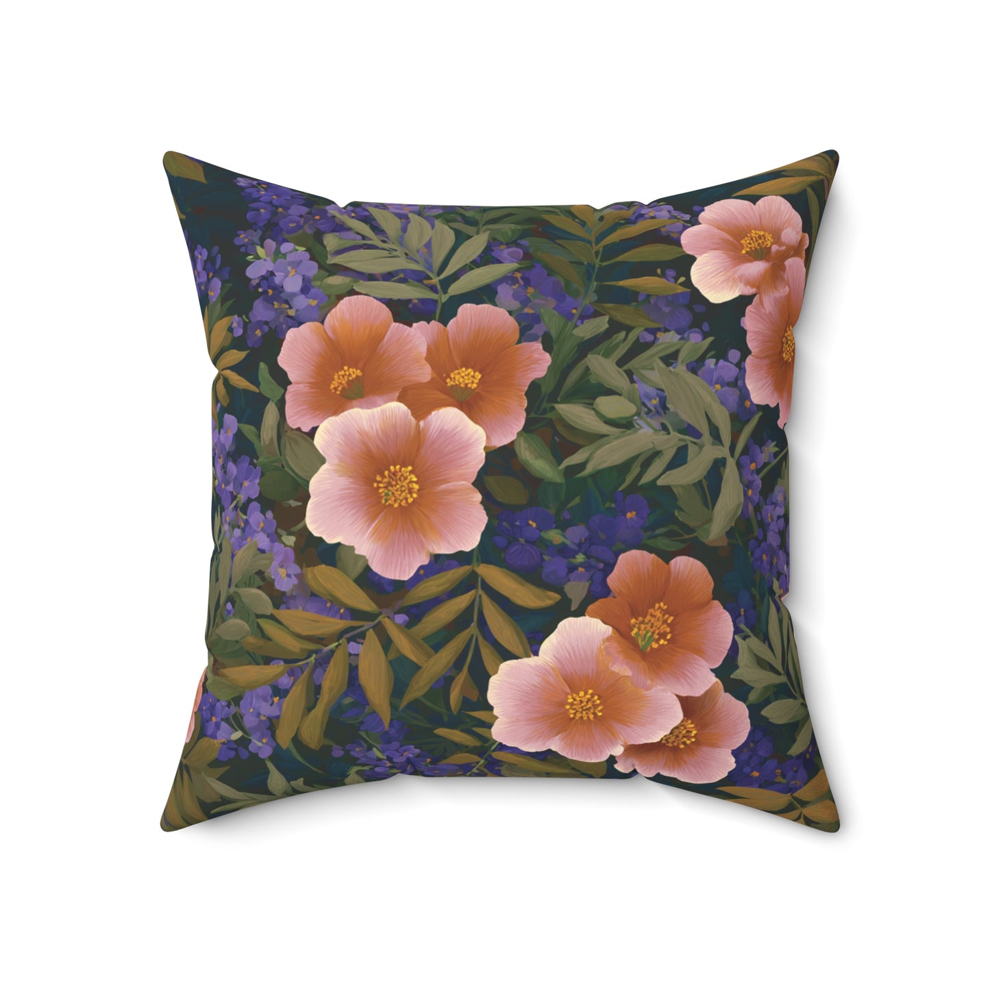 Peach Wildflower Pattern Pillow | Floral Botanical Throw Pillow, Dark Navy Background