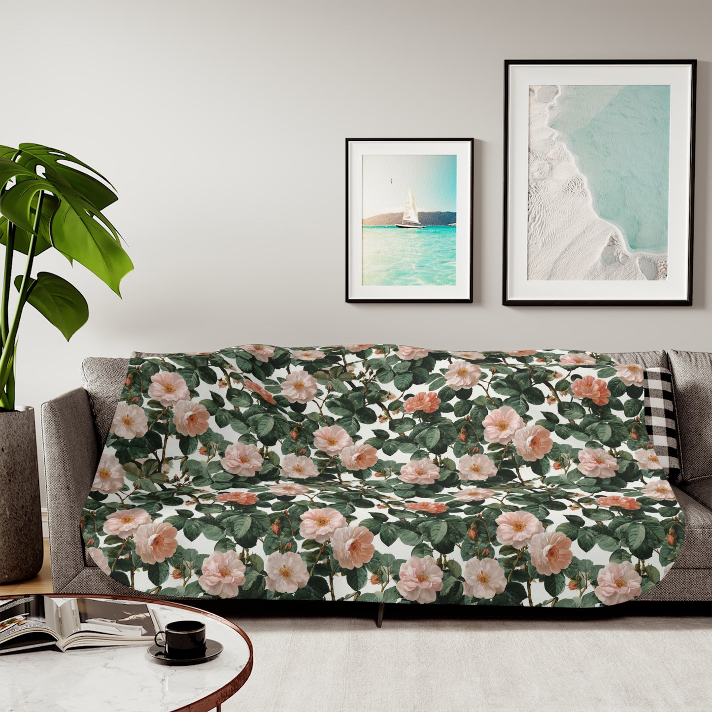 Roses Blossom Floral Sherpa Blanket | Green Leaves, Cozy Reversible Throw