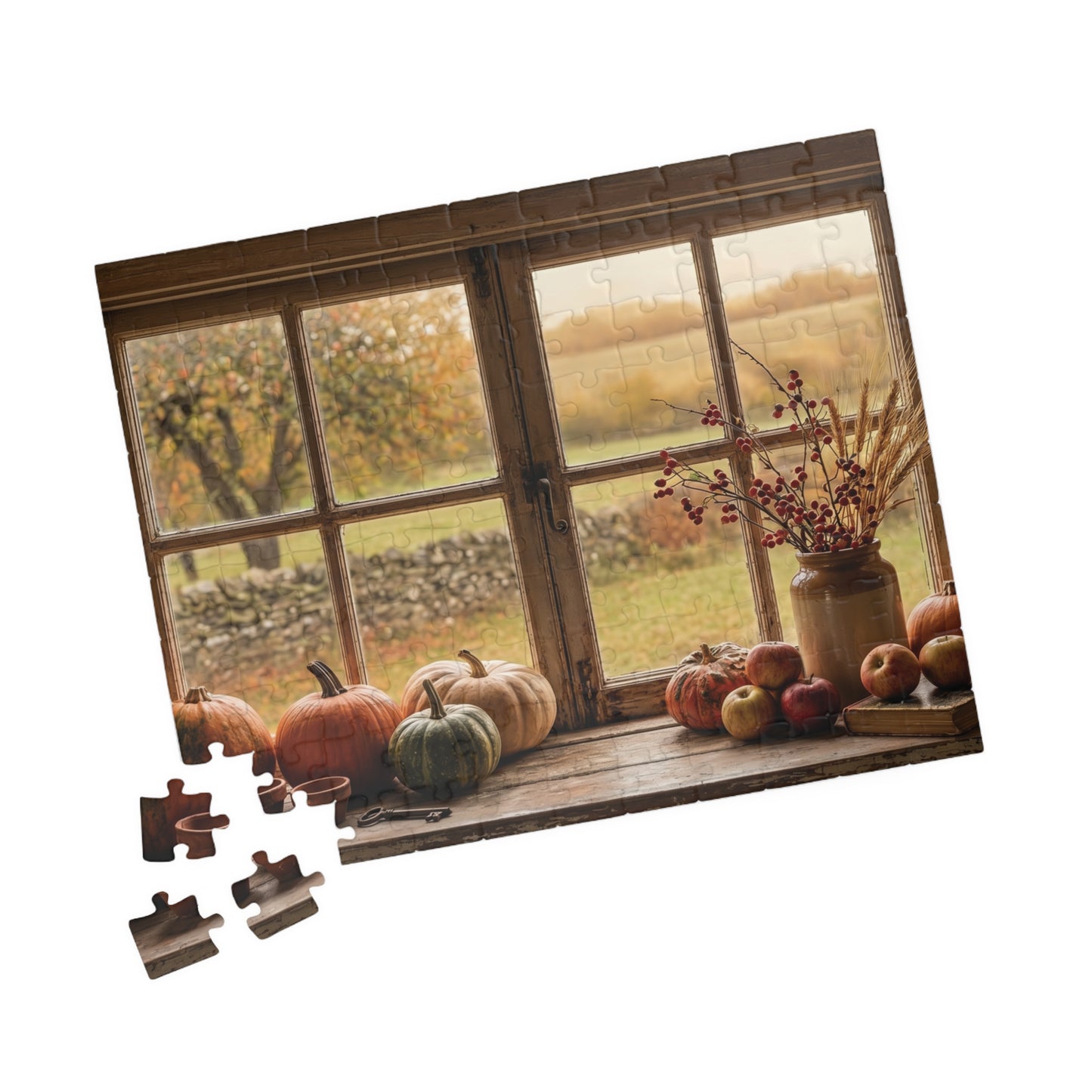 Autumn Harvest Window Puzzle 110, 252, 520, or 1014 Pieces | Fall Pumpkins Apples Still Life