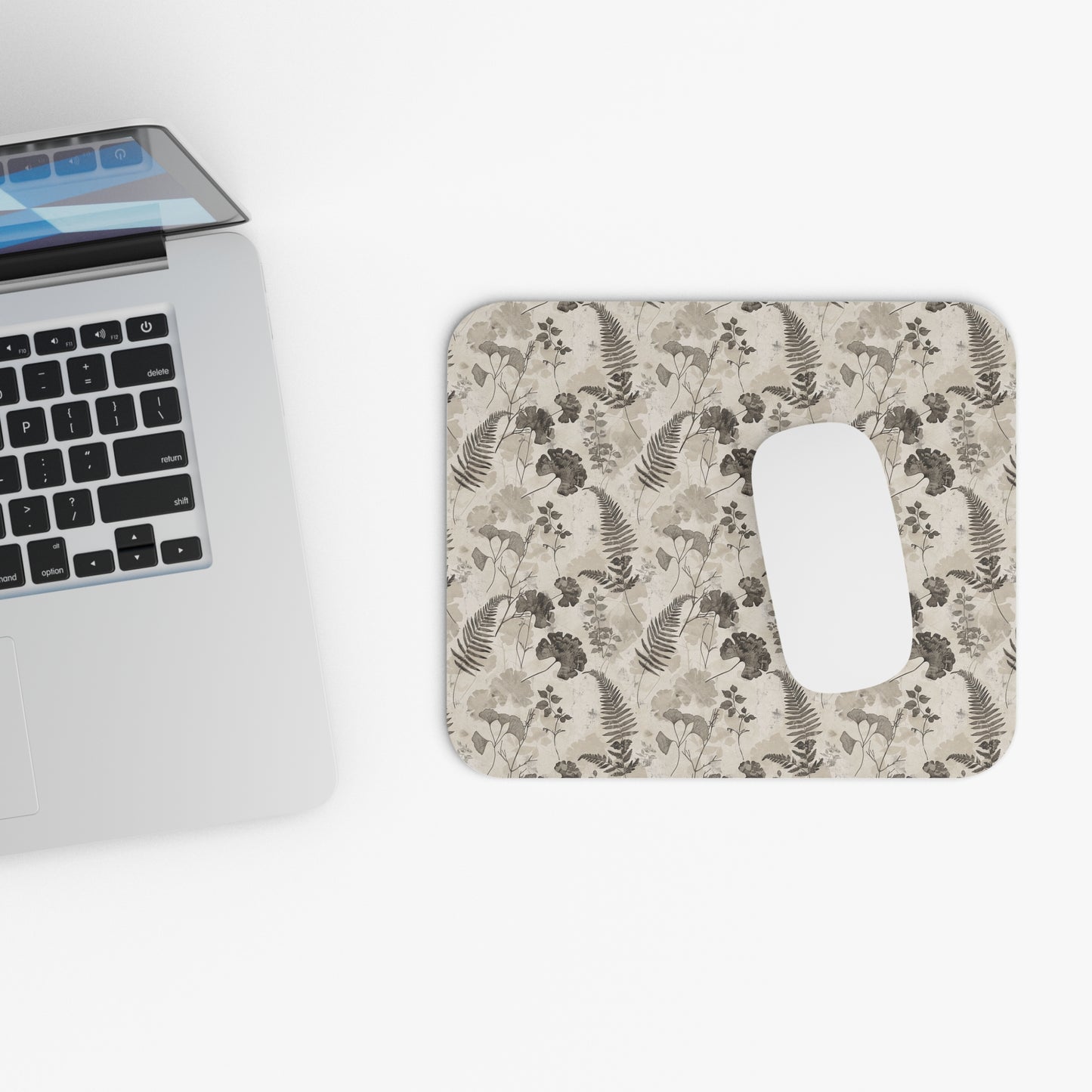 Neutral Botanical Ferns Ginkgo Mouse Pad | Watercolor Floral Desk Mat