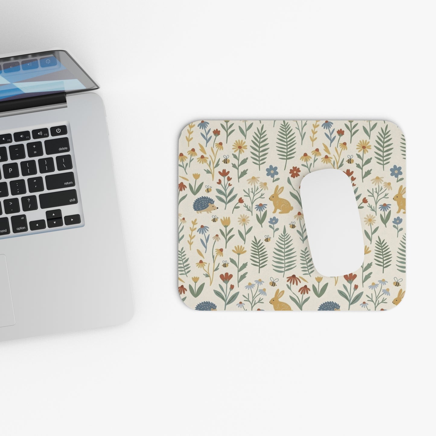 Woodland Floral Pattern Mouse Pad | Rabbits & Hedgehogs Botanical Desk Mat