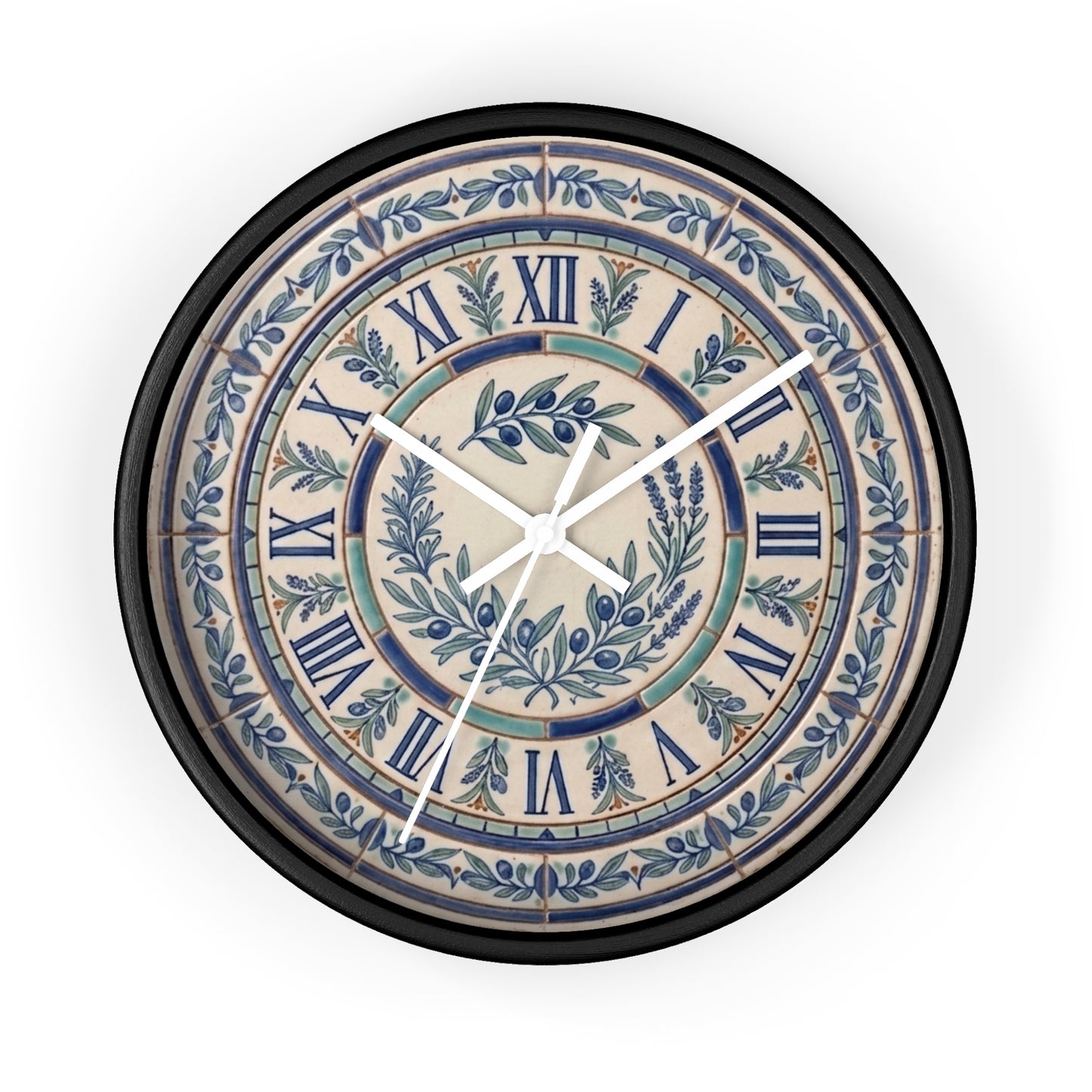 Blue Olive Wreath Wall Clock | Roman Numerals, Ceramic Tile Style