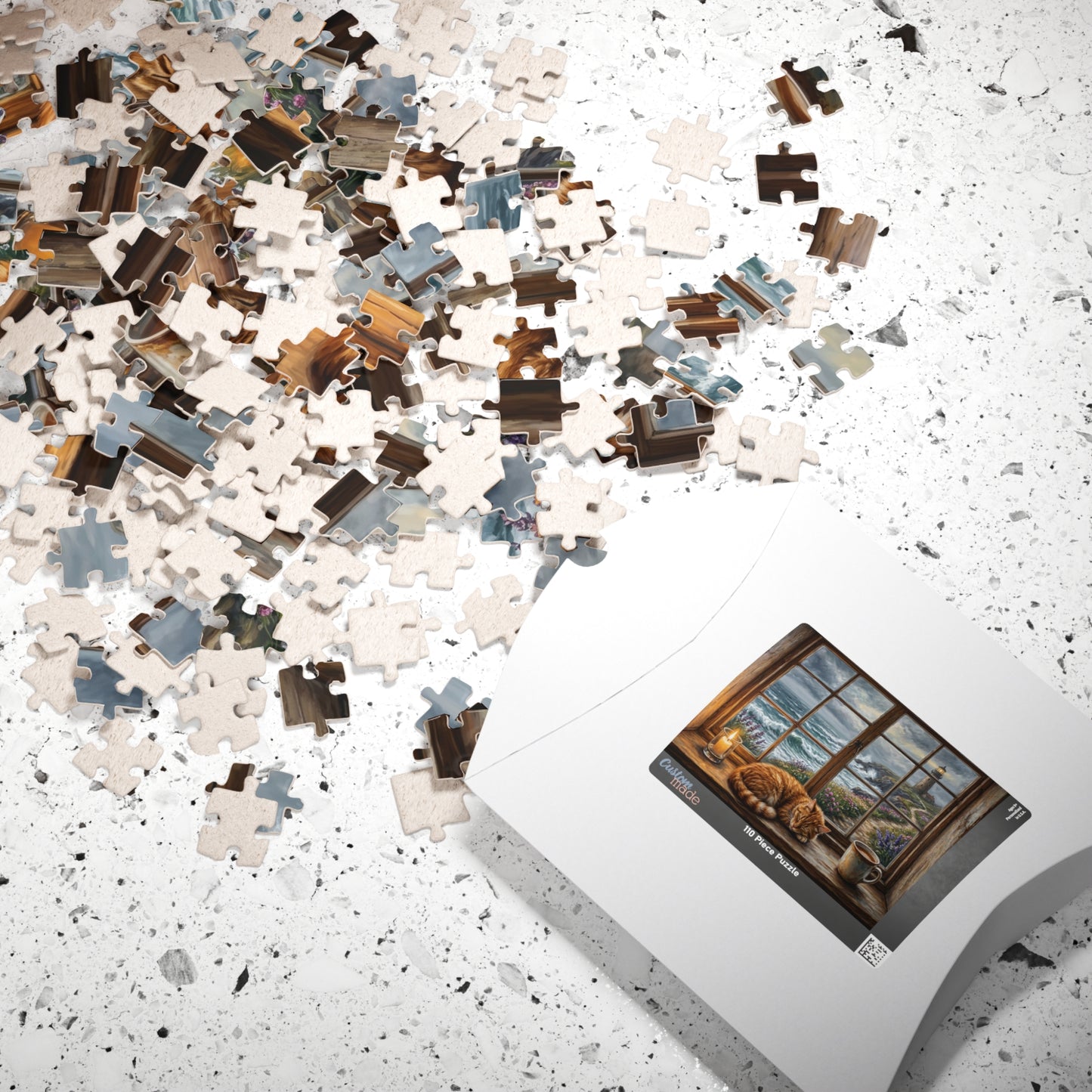 Cozy Cat Lighthouse Window Puzzle | Seaside Evening, Stormy Coastline, Scene