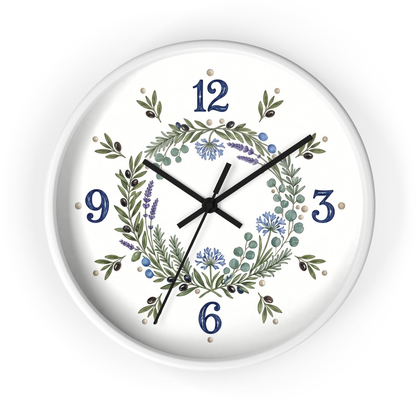 Botanical Wreath Wall Clock | Floral Laurel Timepiece, Blue Numbers
