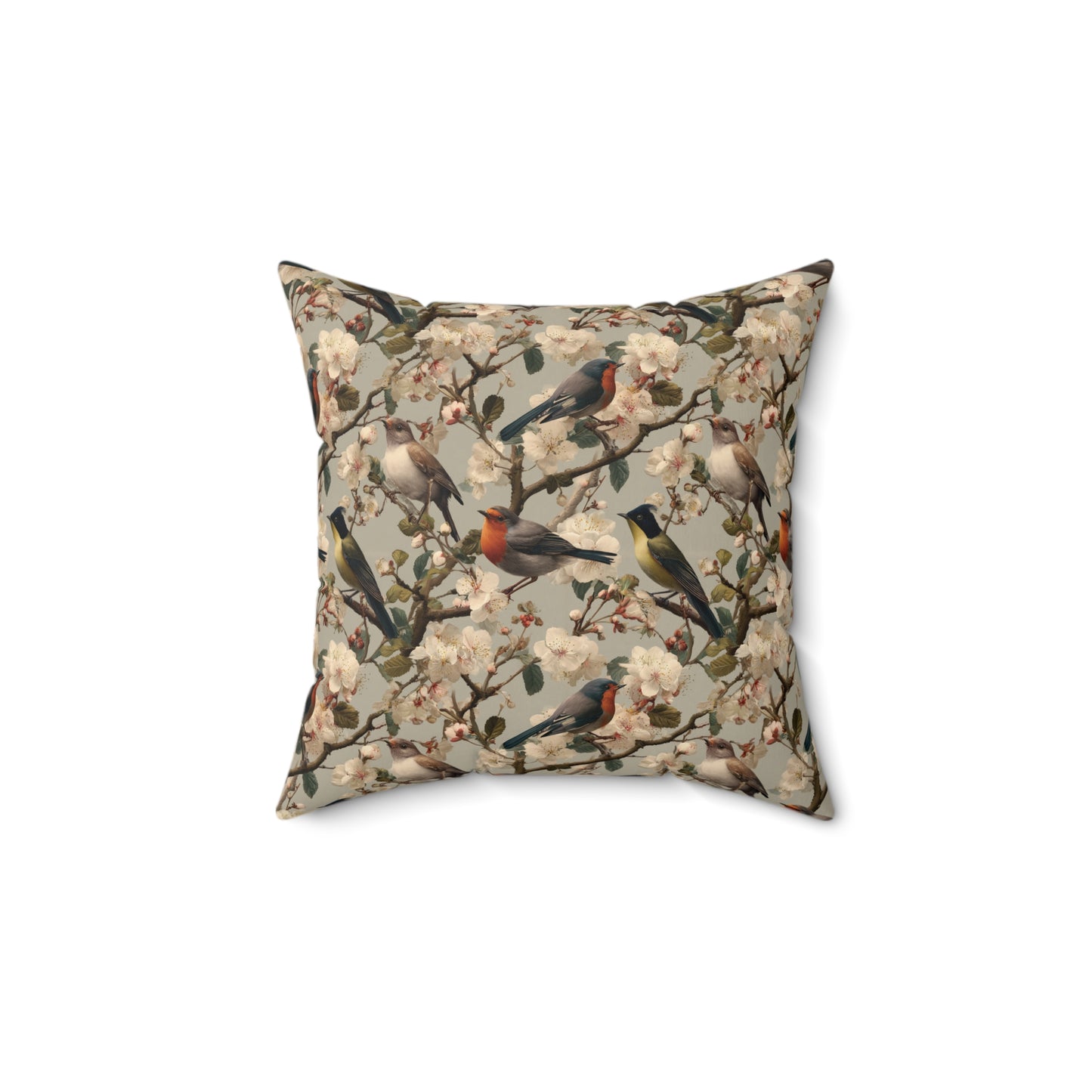 Vintage Floral Songbirds Pillow | Botanical Bird Pattern Square Pillow