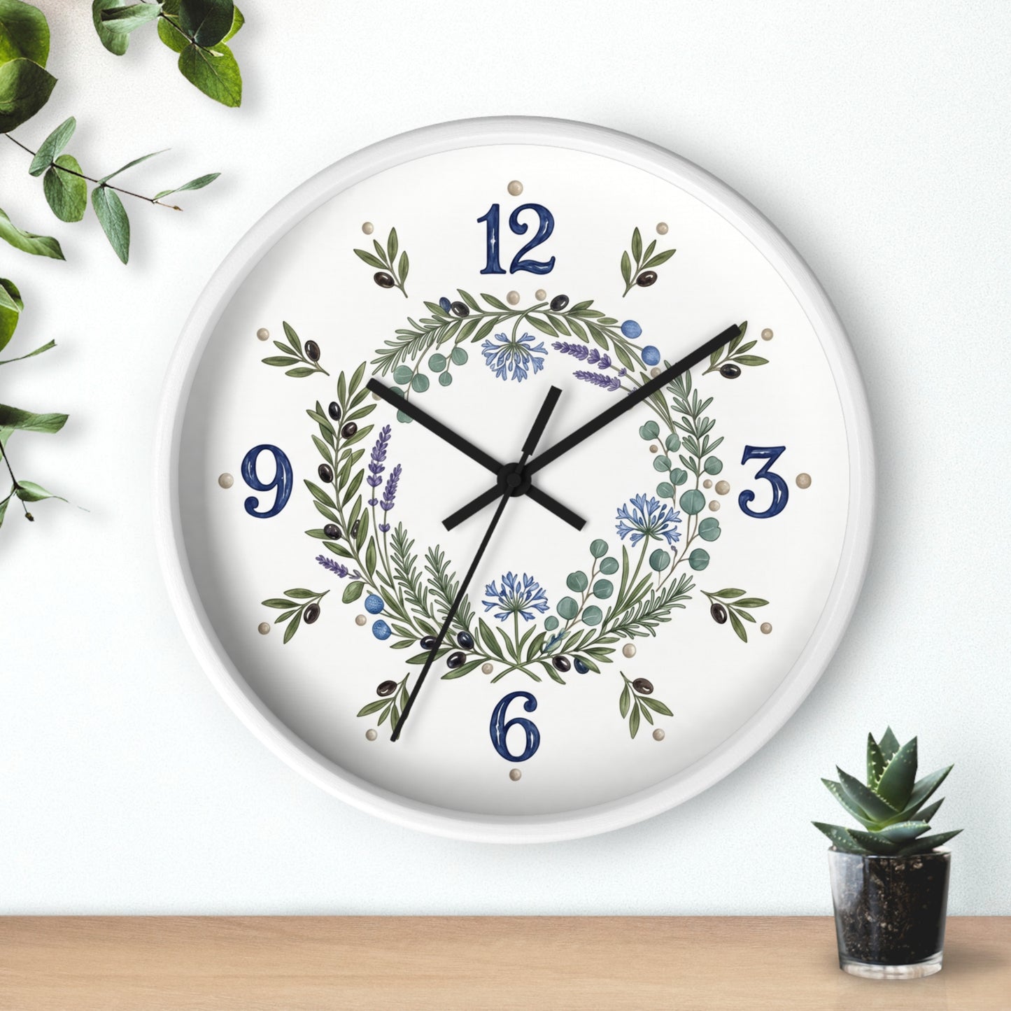 Botanical Wreath Wall Clock | Floral Laurel Timepiece, Blue Numbers