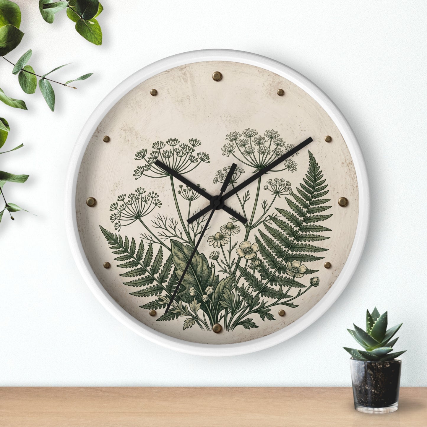 Vintage Botanical Fern Art Wall Clock | Herb Illustration Clock