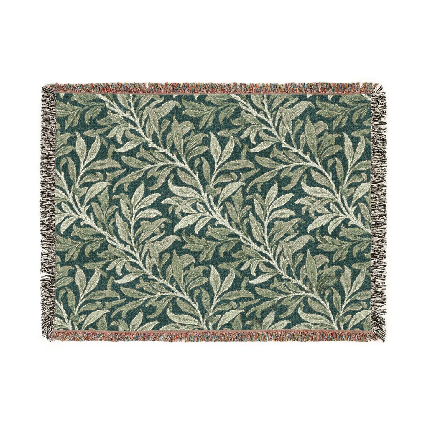 Olive Leaf Pattern Woven Blanket | Botanical Throw, Tapestry Fringe