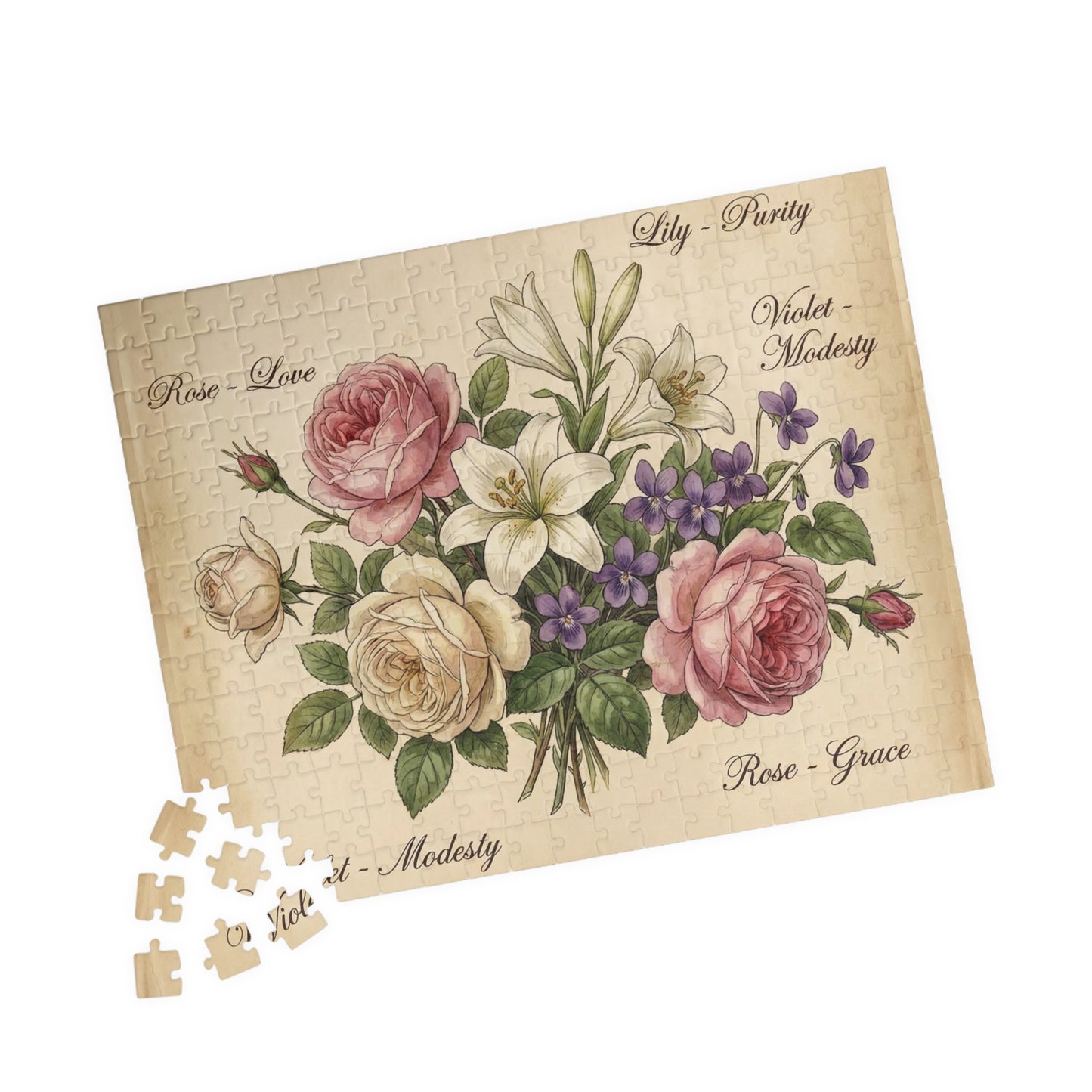 Vintage Floral Bouquet Puzzle | Rose Lily Violet Illustration