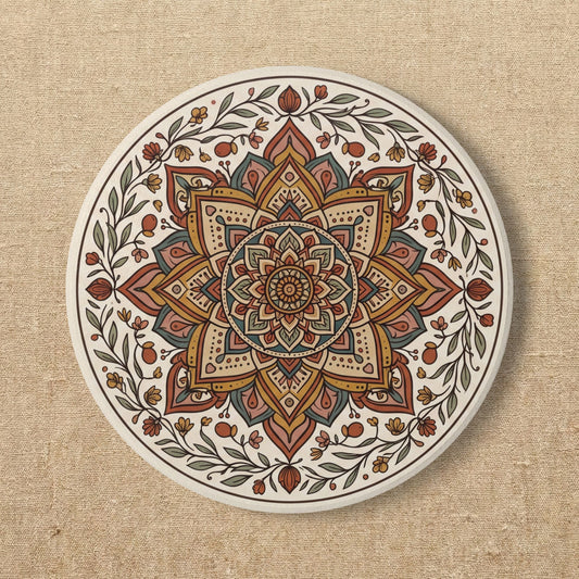 Boho Ceramic Coaster | Earthy Mandala Vintage Floral | Housewarming Gift for Her | Coffee Table Decor Drink Mat