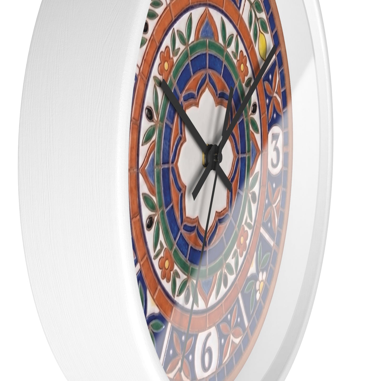 Mediterranean Mosaic Style Wall Clock - Terracotta Azure Blue Floral Faux Tile Botanical Decor