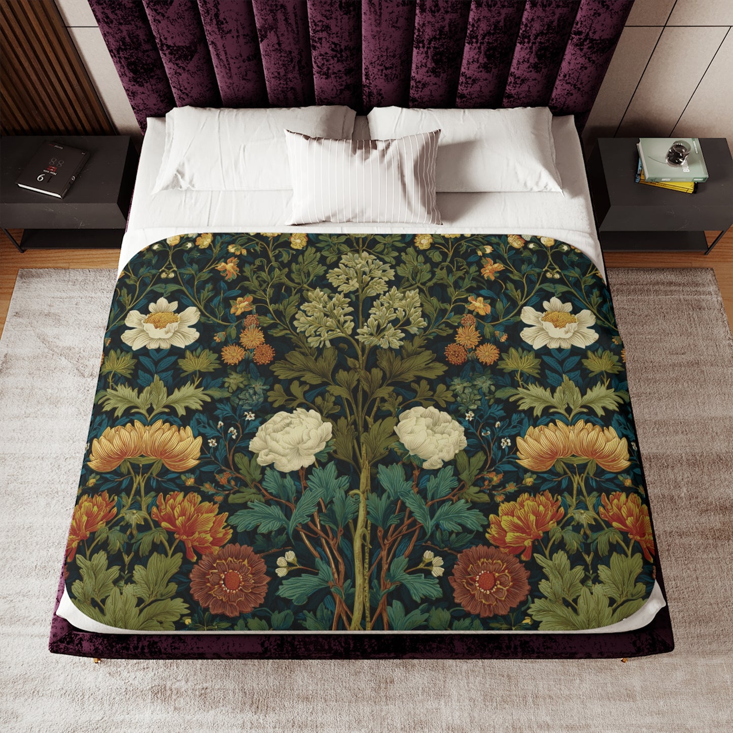 William Morris Style Floral Pattern Sherpa Blanket | Vintage Botanical Throw