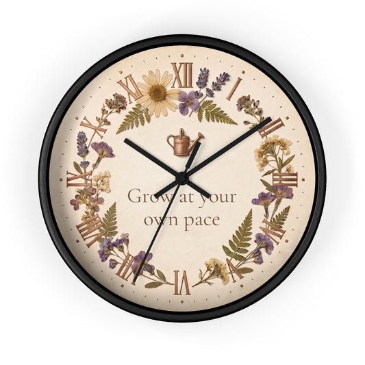 Custom Botanical Wall Clock - Pressed Flowers Illustration, Cottagecore Decor, Silent Movement