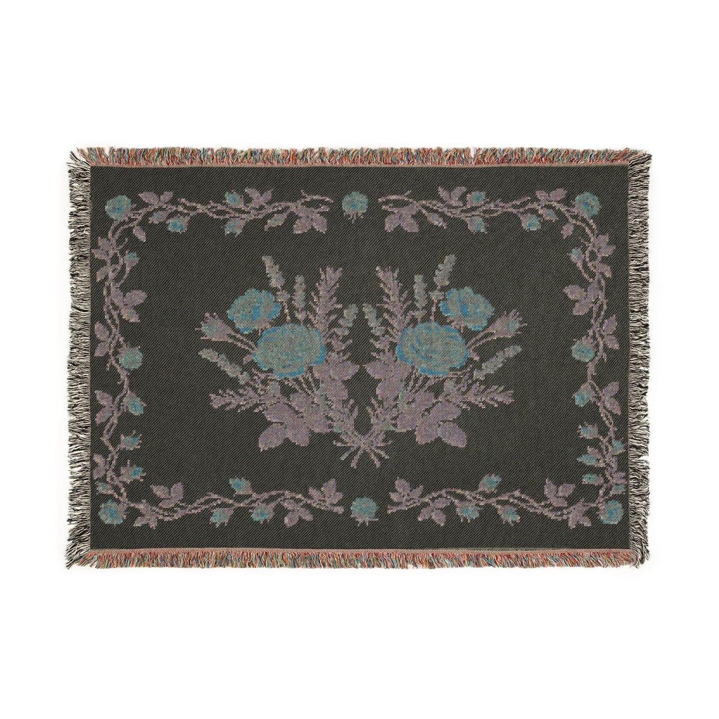 Vintage Rose Lavender Floral Woven Blanket | Tapestry Throw, Floral Fringe