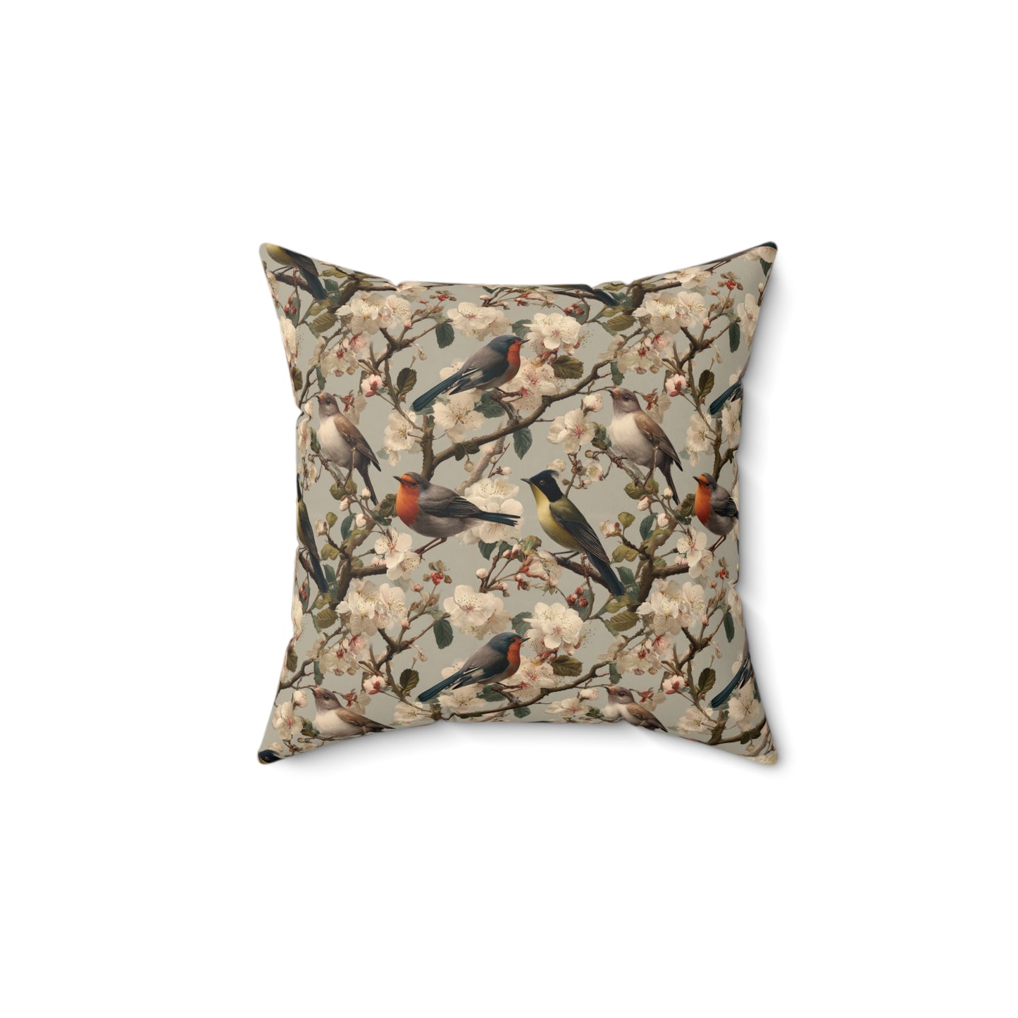 Vintage Floral Songbirds Pillow | Botanical Bird Pattern Square Pillow