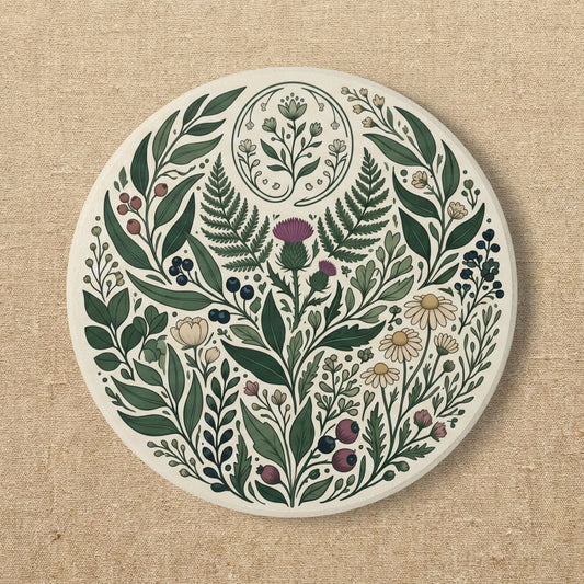 Botanical Ceramic Coaster Cottagecore | Wildflower Botanical Illustration Ceramic Coaster | Home Decor Hermit Witchy Gift for Plant Lover