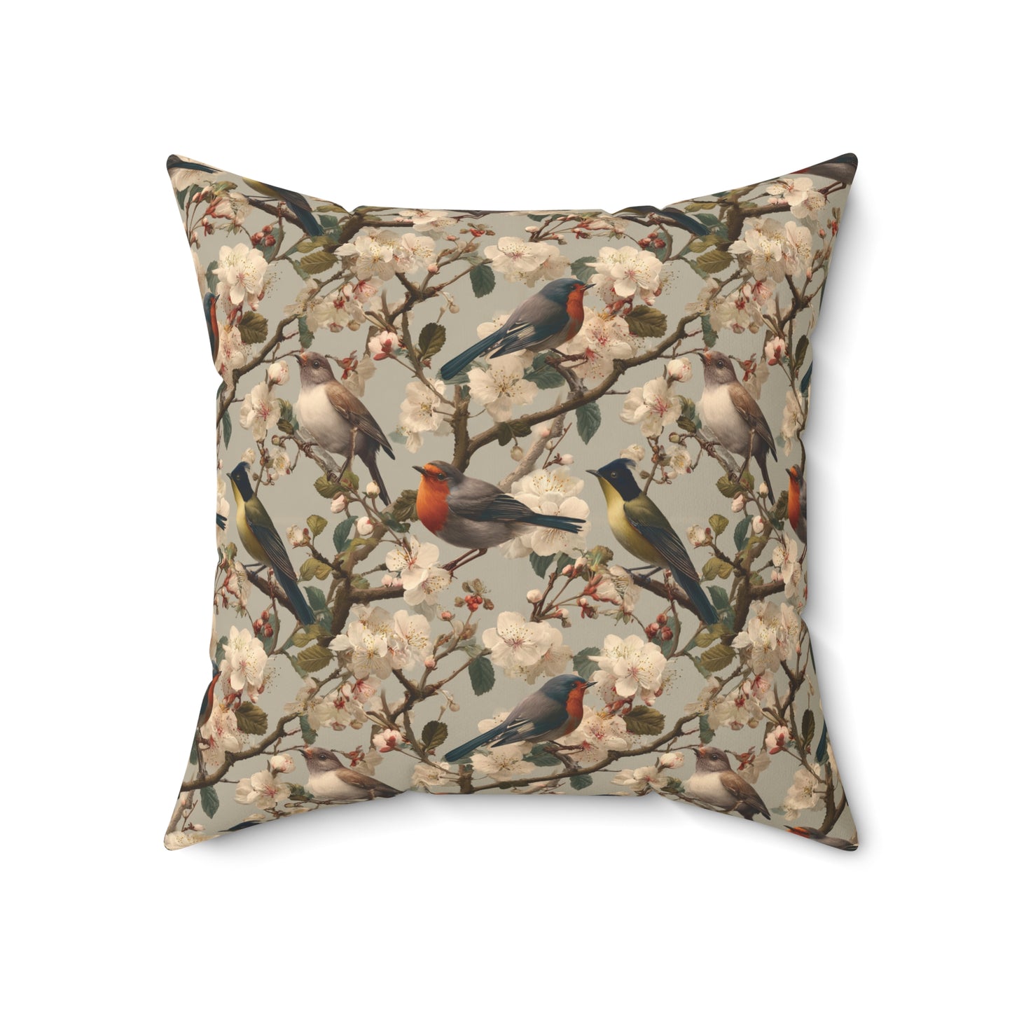 Vintage Floral Songbirds Pillow | Botanical Bird Pattern Square Pillow