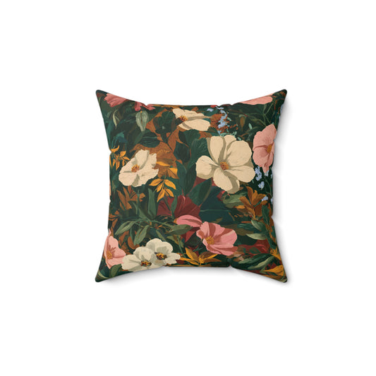 Vintage Botanical Floral Pillow | Dark Green Cottagecore Throw Cushion