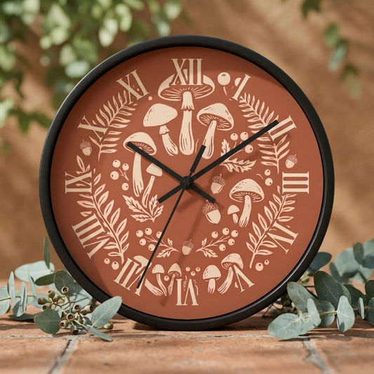 Mushroom Wreath Wall Clock | Botanical Fungi Illustration, Roman Numerals