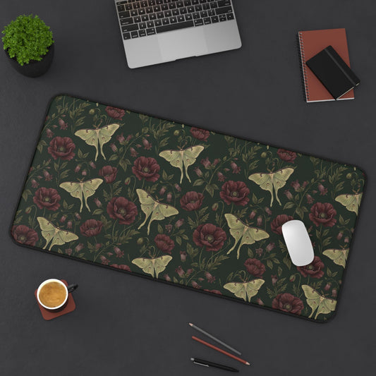 Vintage Moth and Roses Desk Mat | Dark Floral Mousepad Mat