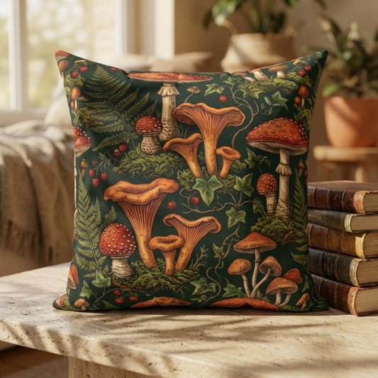 Autumn Mushrooms pillow | Forest fungi botanical throw pillow