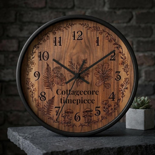 Personalized Wood Wall Clock | Botanical Fern Mushroom Illustration, Custom Gardener Gift