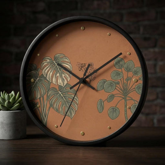 Monstera & Pilea Illustration Wall Clock | Terracotta Botanical Clock