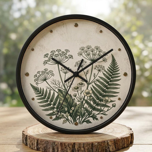 Vintage Botanical Fern Art Wall Clock | Herb Illustration Clock