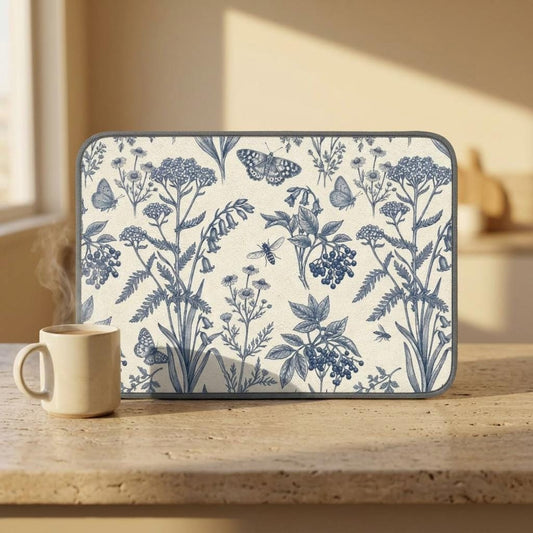 Blue Botanical Floral Pattern Microfiber Kitchen Dish Mat | Vintage Wildflowers
