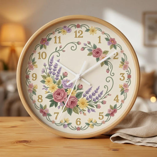 Vintage Floral Wreath Cottagecore Wall Clock | Rose Lavender Daisy Clock