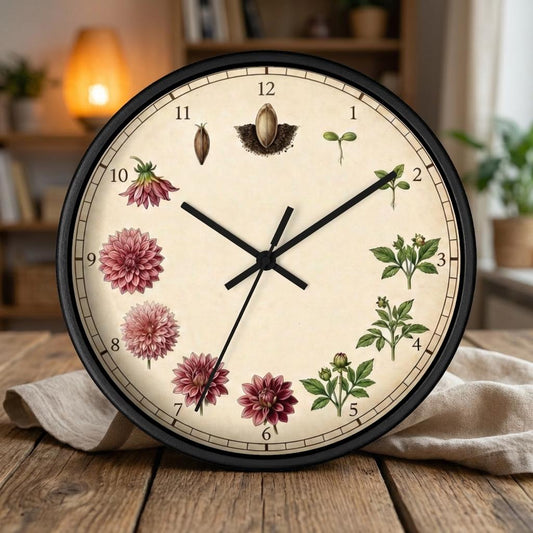 Vintage Botanical Dahlia Clock | Floral Wall Clock, Seed to Bloom Illustration
