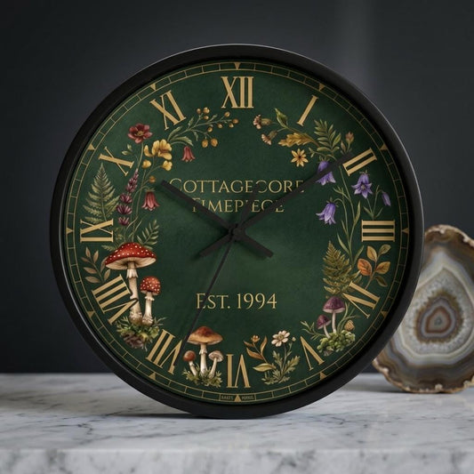 Mushroom Floral Wreath Customizable Wall Clock | Cottagecore Vintage Roman Numerals