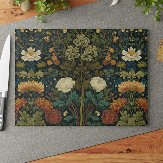 Vintage Floral William Morris Style Pattern Glass Cutting Board | Botanical Kitchen Decor