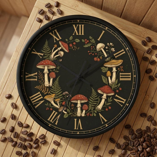 Vintage Mushroom Wreath Wall Clock | Botanical Roman Numerals