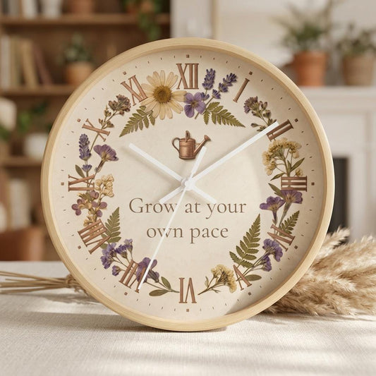 Custom Botanical Wall Clock - Pressed Flowers Illustration, Cottagecore Decor, Silent Movement
