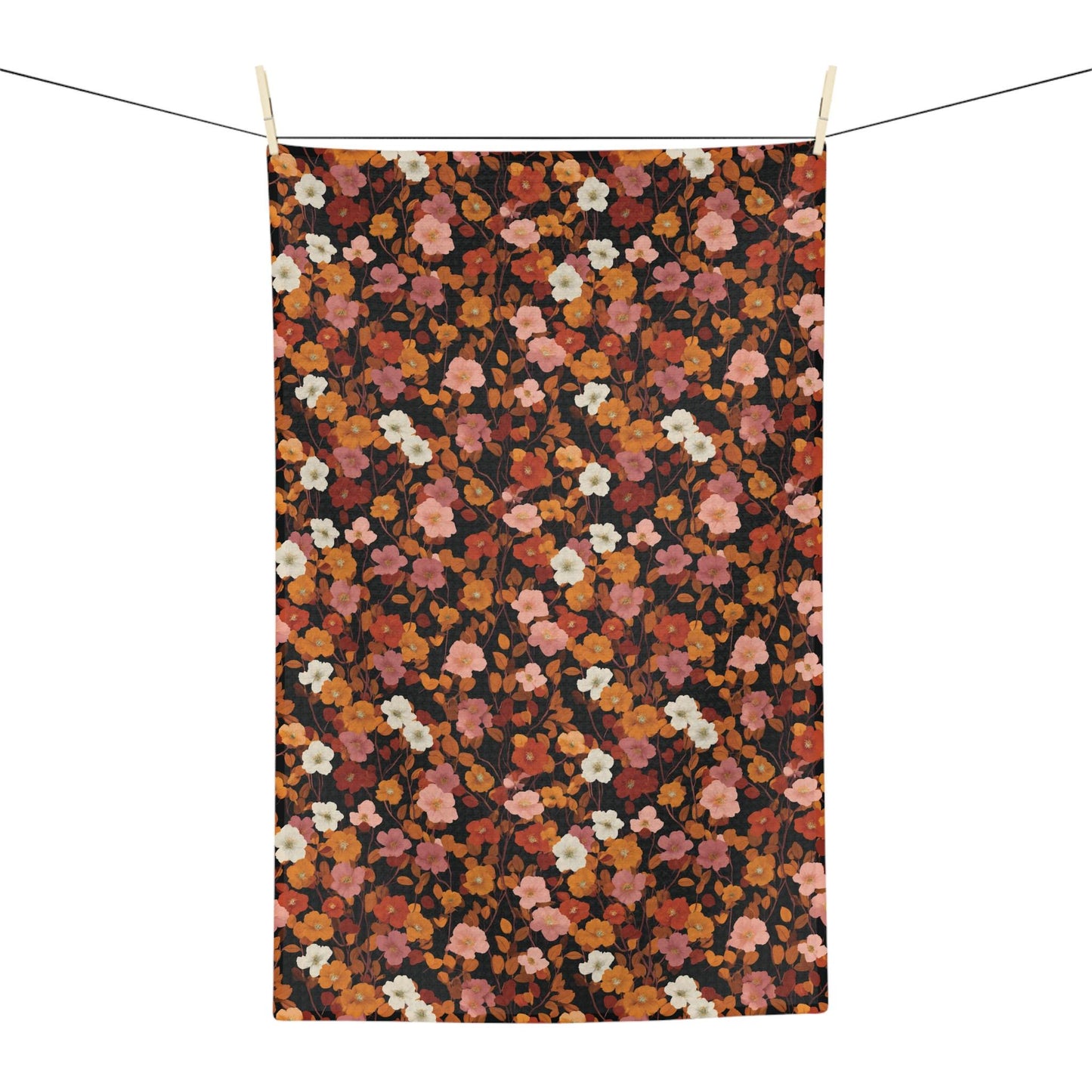 Autumn Floral Pattern Microfiber Tea Towel | Rust Orange Brown Floral Print