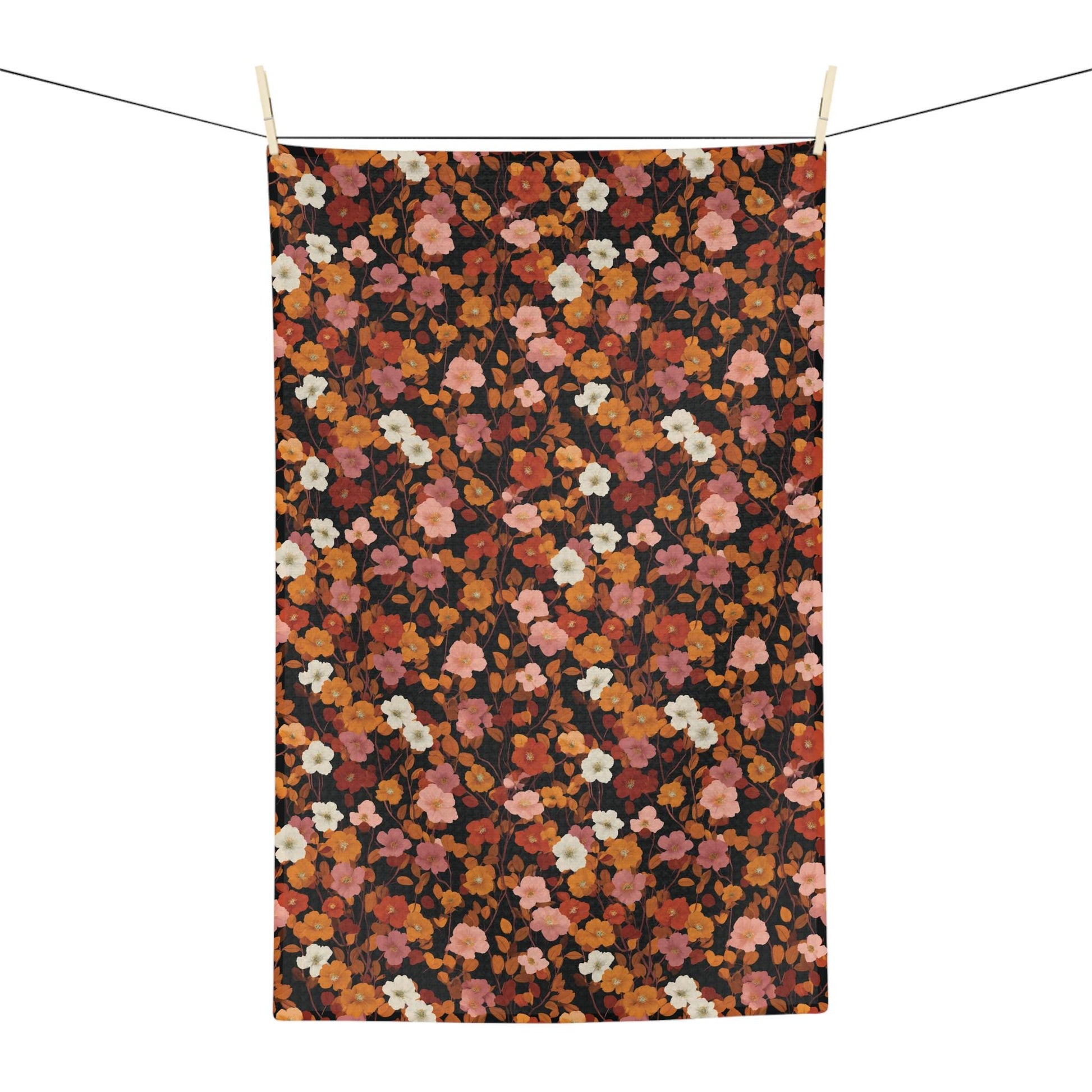 Autumn Floral Pattern Microfiber Tea Towel | Rust Orange Brown Floral Print