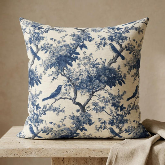 Blue Toile de Jouy Bird Pattern Pillow | Decorative Square Pillow