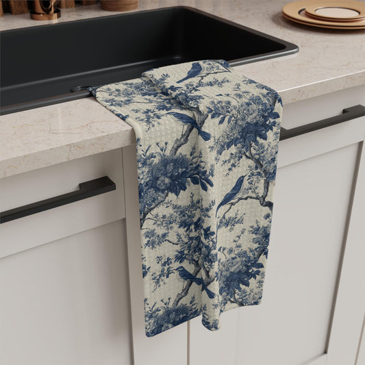 Blue Toile de Jouy Bird Pattern Tea Towel | Vintage Floral Tree Kitchen Towel