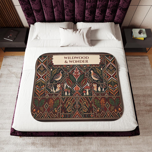 Autumn Bird and Botanical Pattern Sherpa Blanket, Personalized Text