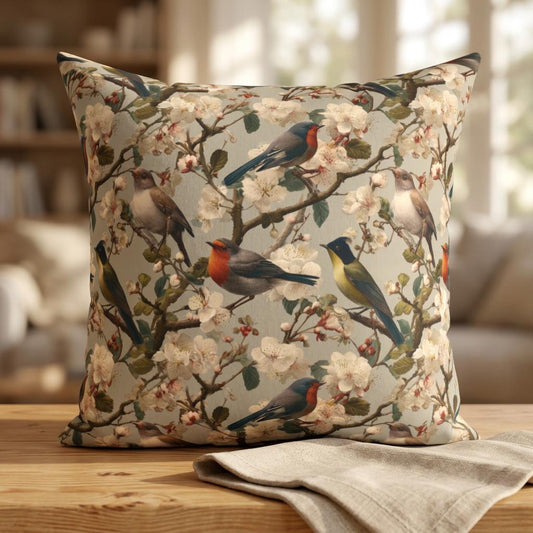 Vintage Floral Songbirds Pillow | Botanical Bird Pattern Square Pillow