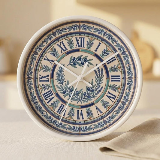 Blue Olive Wreath Wall Clock | Roman Numerals, Ceramic Tile Style